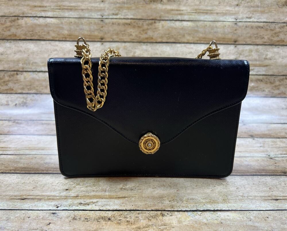 Vintage 1960s Black Cross-Grain Leather Envelope Evening Bag Gold Chain Clasp